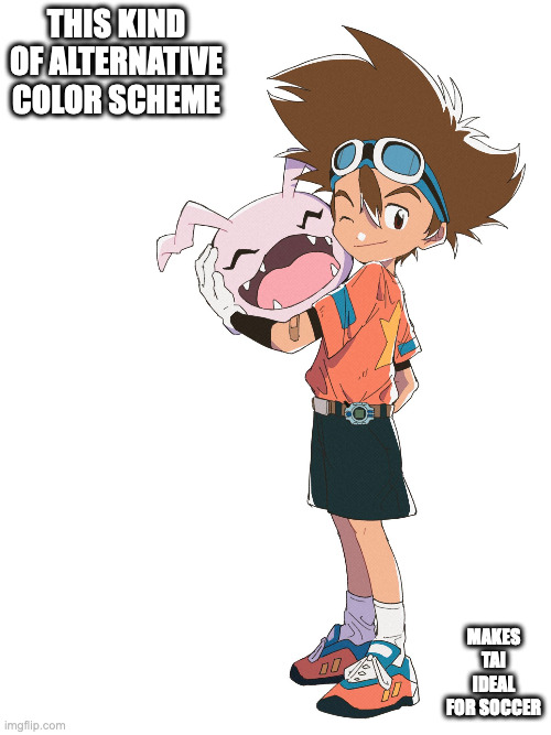 Tai in Orange Color Scheme | THIS KIND OF ALTERNATIVE COLOR SCHEME; MAKES TAI IDEAL FOR SOCCER | image tagged in tai kamiya,memes,digimon | made w/ Imgflip meme maker