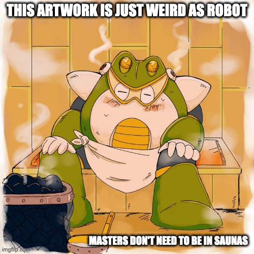 Toad Man in Sauna | THIS ARTWORK IS JUST WEIRD AS ROBOT; MASTERS DON'T NEED TO BE IN SAUNAS | image tagged in sauna,toadman,megaman,memes | made w/ Imgflip meme maker