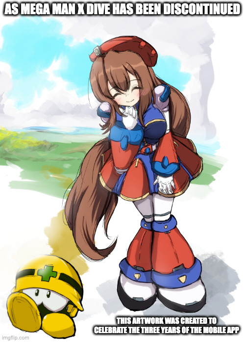 Iris With Mettaur | AS MEGA MAN X DIVE HAS BEEN DISCONTINUED; THIS ARTWORK WAS CREATED TO CELEBRATE THE THREE YEARS OF THE MOBILE APP | image tagged in iris,mettaur,megaman,megaman x,memes | made w/ Imgflip meme maker