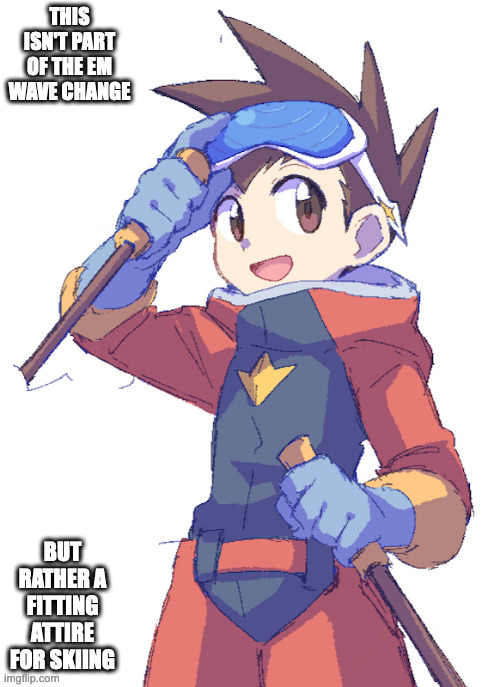 Geo Stelar in Ski Attire | THIS ISN'T PART OF THE EM WAVE CHANGE; BUT RATHER A FITTING ATTIRE FOR SKIING | image tagged in geo stelar,megaman,megaman star force,memes | made w/ Imgflip meme maker