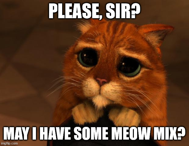puss in boots eyes | PLEASE, SIR? MAY I HAVE SOME MEOW MIX? | image tagged in puss in boots eyes | made w/ Imgflip meme maker