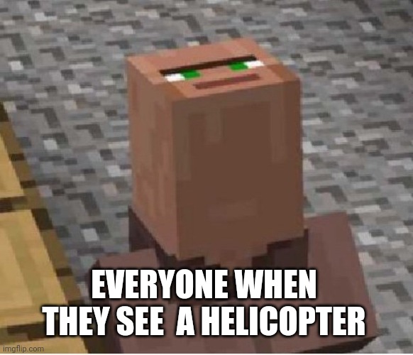Heli | EVERYONE WHEN THEY SEE  A HELICOPTER | image tagged in minecraft villager looking up,helicopter | made w/ Imgflip meme maker