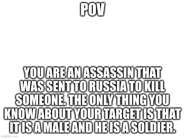 POV; YOU ARE AN ASSASSIN THAT WAS SENT TO RUSSIA TO KILL SOMEONE. THE ONLY THING YOU KNOW ABOUT YOUR TARGET IS THAT IT IS A MALE AND HE IS A SOLDIER. | image tagged in rp | made w/ Imgflip meme maker