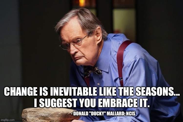 NCIS - Ducky | CHANGE IS INEVITABLE LIKE THE SEASONS...
I SUGGEST YOU EMBRACE IT. - DONALD "DUCKY" MALLARD; NCIS | image tagged in rip | made w/ Imgflip meme maker