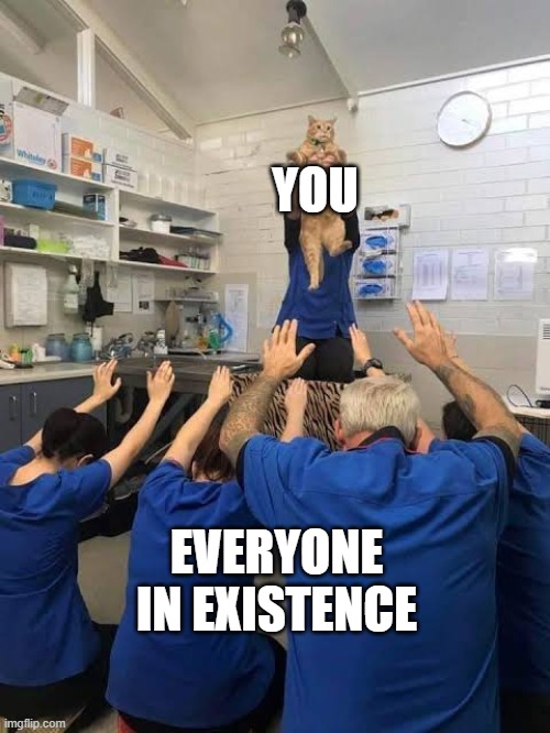 All hail the you | YOU; EVERYONE IN EXISTENCE | image tagged in people worshipping the cat | made w/ Imgflip meme maker