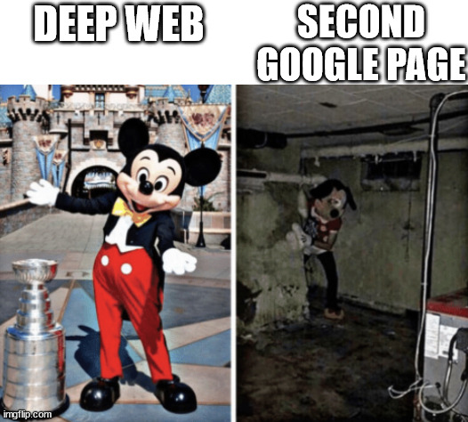 Basement Mickey Mouse | SECOND GOOGLE PAGE; DEEP WEB | image tagged in basement mickey mouse,memes,funny | made w/ Imgflip meme maker