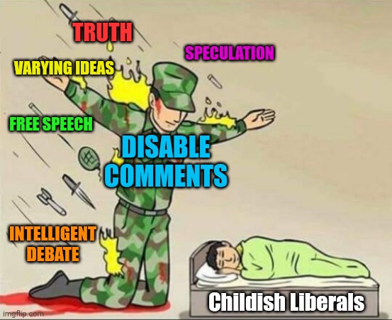 Help!!  My meme can't stand on it's own - a liberal as they ponder posting the meme | TRUTH; SPECULATION; VARYING IDEAS; DISABLE COMMENTS; FREE SPEECH; INTELLIGENT DEBATE; Childish Liberals | image tagged in soldier protecting sleeping child,liberal hypocrisy,crybabies,pussies | made w/ Imgflip meme maker