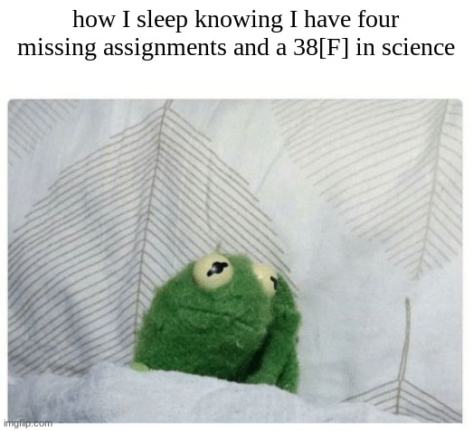 sleepy kermit | how I sleep knowing I have four missing assignments and a 38[F] in science | image tagged in sleepy kermit | made w/ Imgflip meme maker