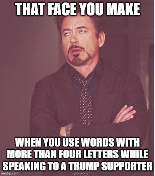 Face You Make Robert Downey Jr Meme | THAT FACE YOU MAKE; WHEN YOU USE WORDS WITH MORE THAN FOUR LETTERS WHILE SPEAKING TO A TRUMP SUPPORTER | image tagged in memes,face you make robert downey jr | made w/ Imgflip meme maker