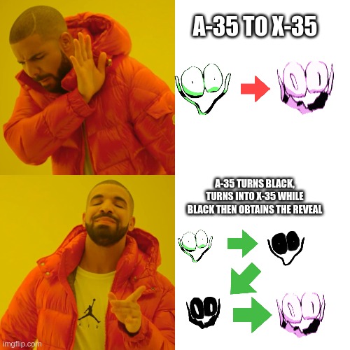 True Tho | A-35 TO X-35; A-35 TURNS BLACK, TURNS INTO X-35 WHILE BLACK THEN OBTAINS THE REVEAL | image tagged in memes,drake hotline bling | made w/ Imgflip meme maker