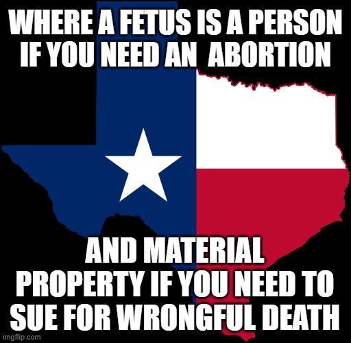 Cognitive dissonance be like | WHERE A FETUS IS A PERSON IF YOU NEED AN  ABORTION; AND MATERIAL PROPERTY IF YOU NEED TO SUE FOR WRONGFUL DEATH | image tagged in texas map,cognitive dissonance,double standards | made w/ Imgflip meme maker