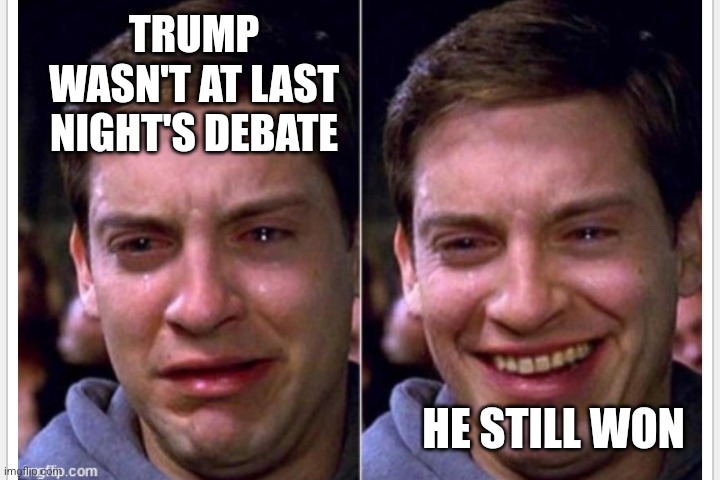 Crying | TRUMP WASN'T AT LAST NIGHT'S DEBATE; HE STILL WON | image tagged in crying | made w/ Imgflip meme maker