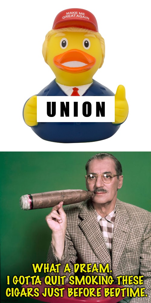 Haven't thought of that duck in years | U N I O N; WHAT A DREAM.  
I GOTTA QUIT SMOKING THESE
 CIGARS JUST BEFORE BEDTIME. | image tagged in trump duck,groucho | made w/ Imgflip meme maker