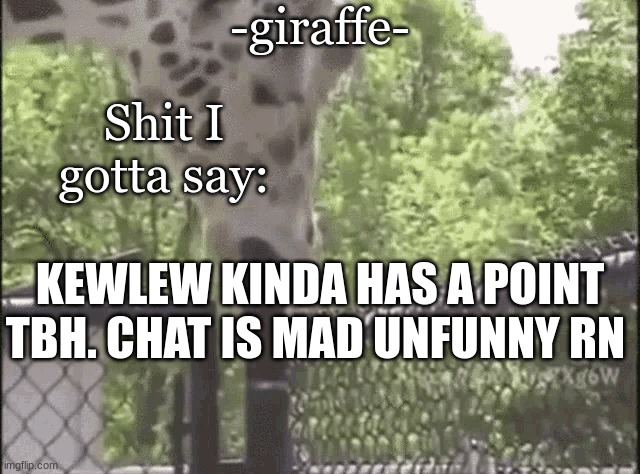 -giraffe- | KEWLEW KINDA HAS A POINT TBH. CHAT IS MAD UNFUNNY RN | image tagged in -giraffe- | made w/ Imgflip meme maker