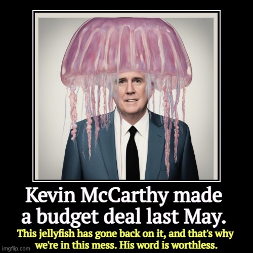 Squish. | Kevin McCarthy made a budget deal last May. | This jellyfish has gone back on it, and that's why 
we're in this mess. His word is worthless. | image tagged in funny,demotivationals,kevin mccarthy,spineless,jellyfish,budget | made w/ Imgflip demotivational maker