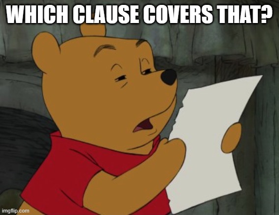 WHICH CLAUSE COVERS THAT? | image tagged in winnie the pooh reading | made w/ Imgflip meme maker