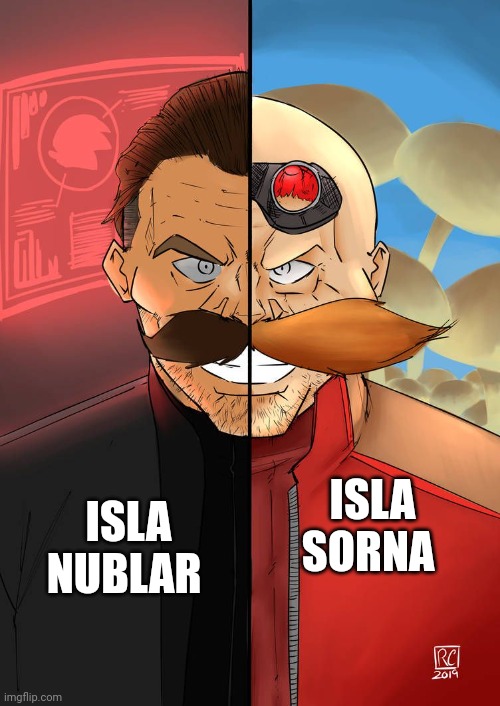 Isla nublar vs Isla sorna | ISLA SORNA; ISLA NUBLAR | image tagged in two faced robotnik,jurassic park,jurassicparkfan102504,jpfan102504 | made w/ Imgflip meme maker