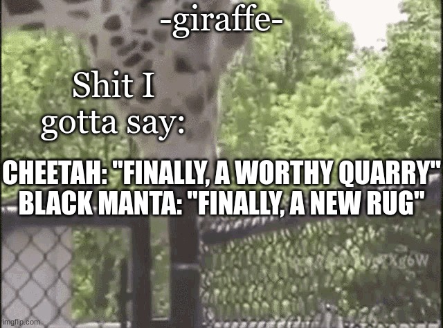 -giraffe- | CHEETAH: "FINALLY, A WORTHY QUARRY"
BLACK MANTA: "FINALLY, A NEW RUG" | image tagged in -giraffe- | made w/ Imgflip meme maker