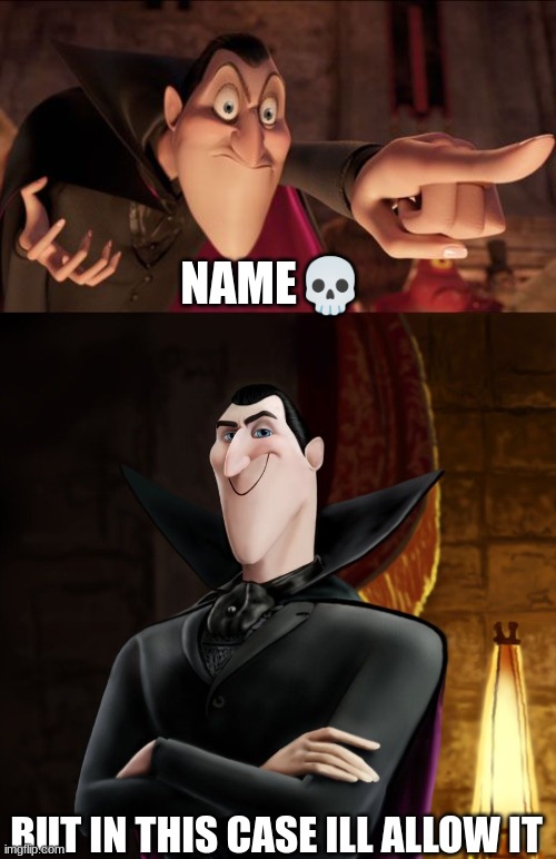 NAME? BUT IN THIS CASE ILL ALLOW IT | image tagged in hotel transylvania dracula pointing meme,ha ha jonathan | made w/ Imgflip meme maker