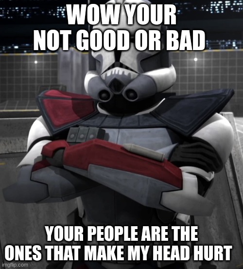 Commander Colt | WOW YOUR NOT GOOD OR BAD; YOUR PEOPLE ARE THE ONES THAT MAKE MY HEAD HURT | image tagged in commander colt | made w/ Imgflip meme maker