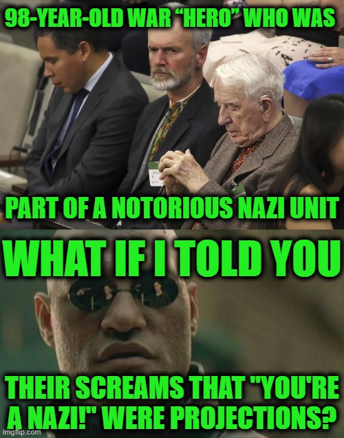 Dilute the Horror so You can Repeat It with Impunity | 98-YEAR-OLD WAR “HERO” WHO WAS; PART OF A NOTORIOUS NAZI UNIT; WHAT IF I TOLD YOU; THEIR SCREAMS THAT "YOU'RE A NAZI!" WERE PROJECTIONS? | image tagged in memes,matrix morpheus | made w/ Imgflip meme maker