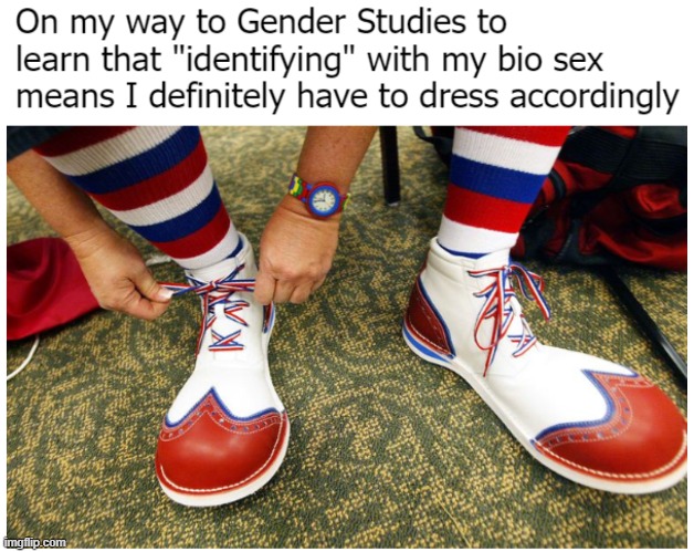 "But I don't feel like acting/dressing in a stereotypical way". Cool, then you're a non-stereotypical (insert sex) welcome | image tagged in clown shoes,funny,gender identity | made w/ Imgflip meme maker