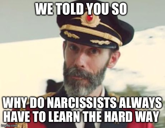 Captain Obvious | WE TOLD YOU SO WHY DO NARCISSISTS ALWAYS HAVE TO LEARN THE HARD WAY | image tagged in captain obvious | made w/ Imgflip meme maker
