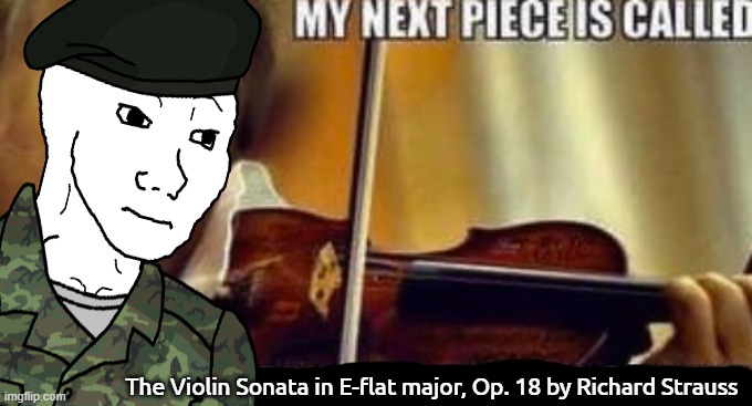 J. Davis Plays Strauss | The Violin Sonata in E-flat major, Op. 18 by Richard Strauss | image tagged in my next piece is called,oc,wojak,violin | made w/ Imgflip meme maker