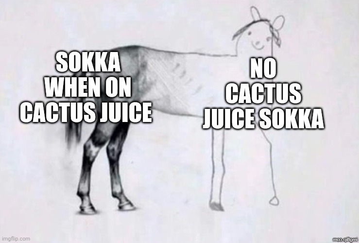 I'd prefer Cactus juice Sokka | SOKKA WHEN ON CACTUS JUICE; NO CACTUS JUICE SOKKA | image tagged in horse drawing,avatar the last airbender | made w/ Imgflip meme maker