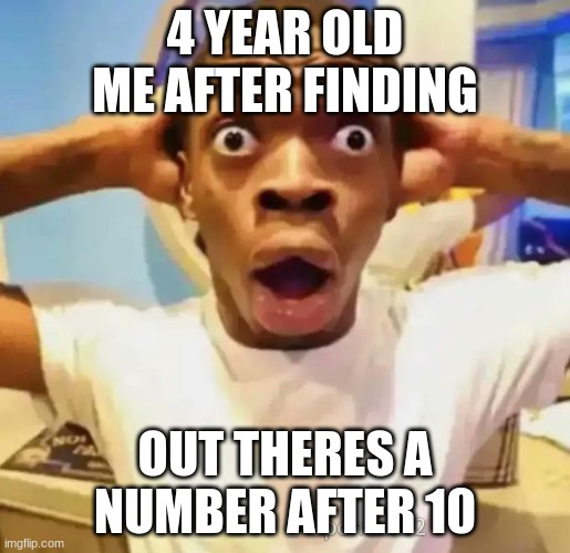 for real tho | 4 YEAR OLD ME AFTER FINDING; OUT THERES A NUMBER AFTER 10 | image tagged in shocked black guy | made w/ Imgflip meme maker