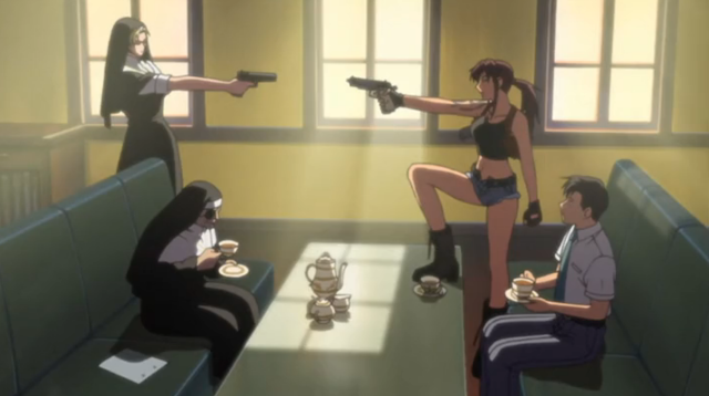 Black lagoon two calm people and two people about to shoot each Blank Meme Template