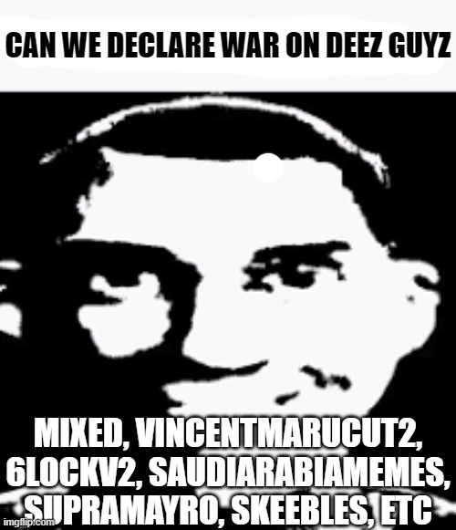 Can We Declare War on Deez Guyz | CAN WE DECLARE WAR ON DEEZ GUYZ; MIXED, VINCENTMARUCUT2, 6LOCKV2, SAUDIARABIAMEMES, SUPRAMAYRO, SKEEBLES, ETC | image tagged in can we ban this guy,woar,chikn nuggit trollin' | made w/ Imgflip meme maker