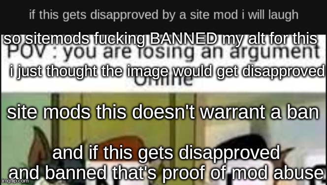 wtf mods | so sitemods fucking BANNED my alt for this; i just thought the image would get disapproved; site mods this doesn't warrant a ban; and if this gets disapproved and banned that's proof of mod abuse | made w/ Imgflip meme maker