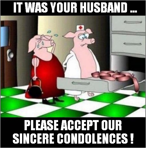 Pig At The Mortuary ! | IT WAS YOUR HUSBAND ... PLEASE ACCEPT OUR SINCERE CONDOLENCES ! | image tagged in pig,mortuary,dark humor | made w/ Imgflip meme maker