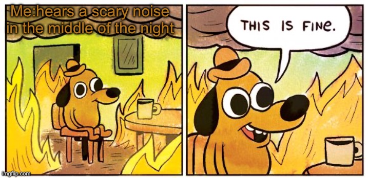 This Is Fine | Me:hears a scary noise in the middle of the night | image tagged in memes,this is fine | made w/ Imgflip meme maker