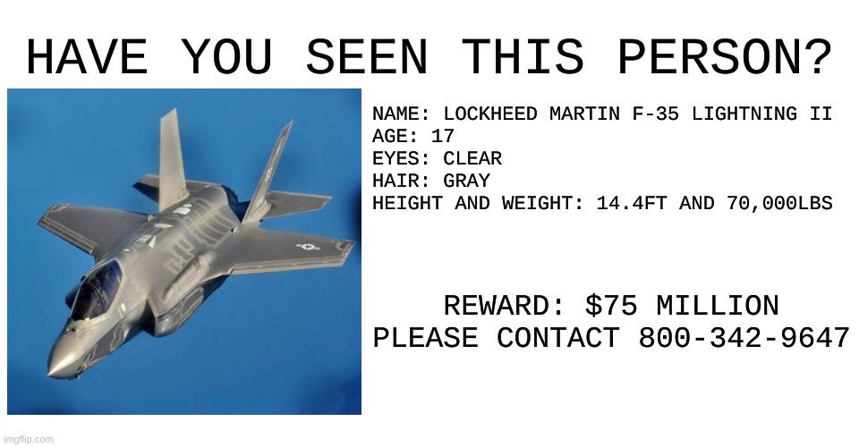 F-35 missing poster | HAVE YOU SEEN THIS PERSON? NAME: LOCKHEED MARTIN F-35 LIGHTNING II
AGE: 17
EYES: CLEAR
HAIR: GRAY
HEIGHT AND WEIGHT: 14.4FT AND 70,000LBS; REWARD: $75 MILLION
PLEASE CONTACT 800-342-9647 | image tagged in funny,missing | made w/ Imgflip meme maker