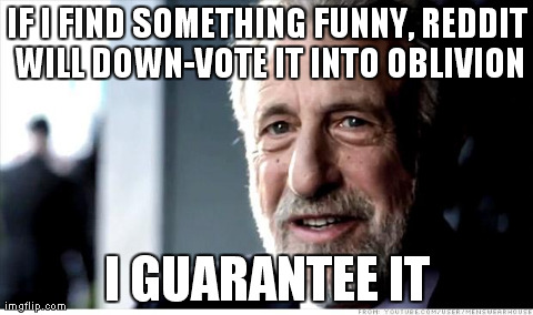 I Guarantee It Meme | IF I FIND SOMETHING FUNNY, REDDIT WILL DOWN-VOTE IT INTO OBLIVION I GUARANTEE IT | image tagged in memes,i guarantee it,AdviceAnimals | made w/ Imgflip meme maker