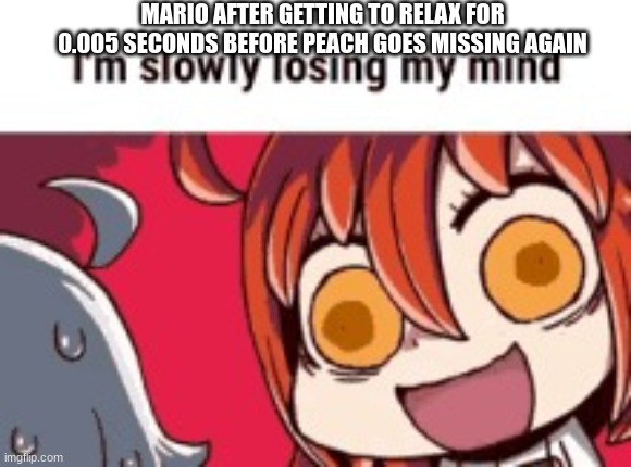 Bro needs a break | MARIO AFTER GETTING TO RELAX FOR 0.005 SECONDS BEFORE PEACH GOES MISSING AGAIN | image tagged in im slowly losing my mind,mario | made w/ Imgflip meme maker