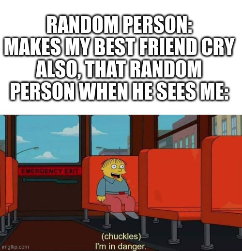 I'm in Danger + blank place above | RANDOM PERSON: MAKES MY BEST FRIEND CRY
ALSO, THAT RANDOM PERSON WHEN HE SEES ME: | image tagged in i'm in danger blank place above,best friend,die | made w/ Imgflip meme maker