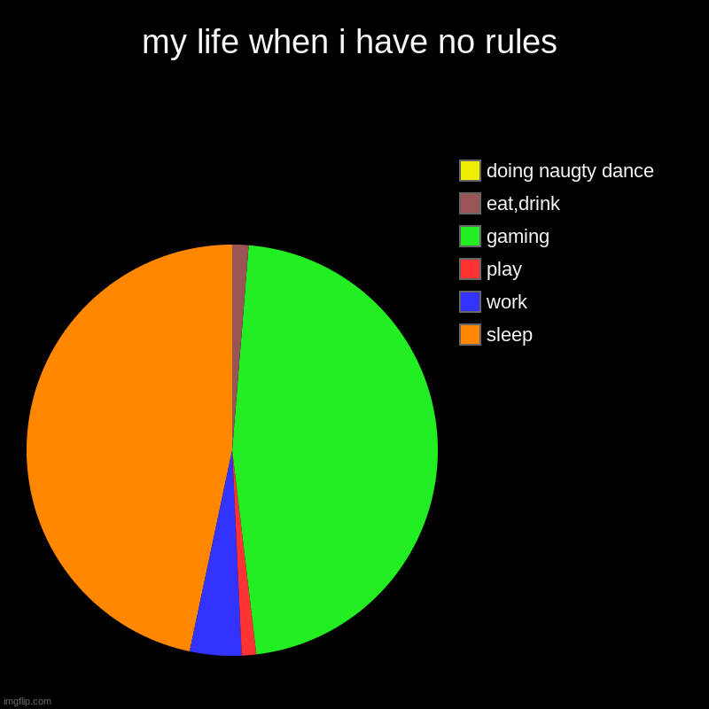 me be like | my life when i have no rules | sleep, work, play, gaming, eat,drink, doing naugty dance | image tagged in charts,pie charts,funny,too funny | made w/ Imgflip chart maker