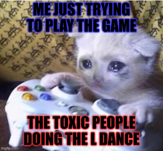 Sad gaming cat | ME JUST TRYING TO PLAY THE GAME; THE TOXIC PEOPLE DOING THE L DANCE | image tagged in sad gaming cat | made w/ Imgflip meme maker