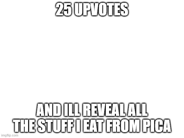 25 UPVOTES; AND ILL REVEAL ALL THE STUFF I EAT FROM PICA | image tagged in e | made w/ Imgflip meme maker