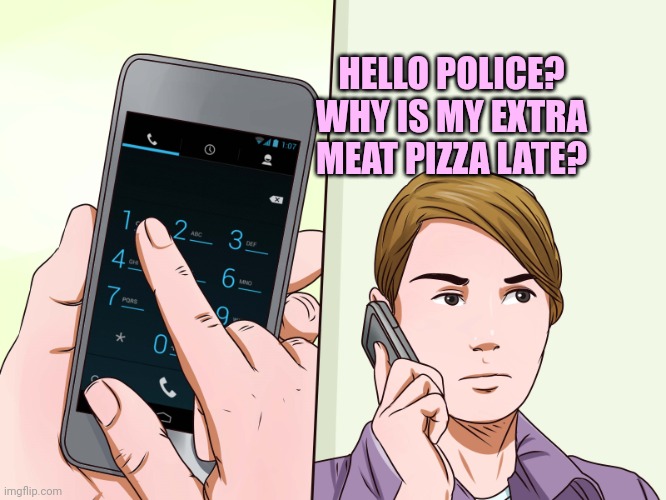 But why? | HELLO POLICE? WHY IS MY EXTRA MEAT PIZZA LATE? | image tagged in calling the police,oh police | made w/ Imgflip meme maker