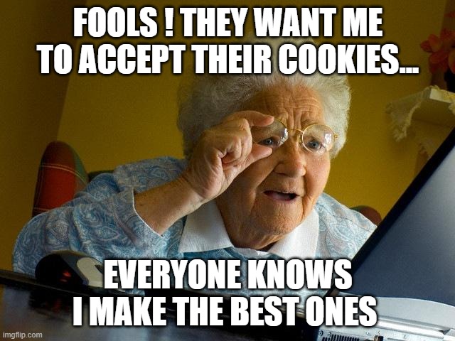 Grandma vs Internet | FOOLS ! THEY WANT ME TO ACCEPT THEIR COOKIES... EVERYONE KNOWS I MAKE THE BEST ONES | image tagged in memes,grandma finds the internet | made w/ Imgflip meme maker
