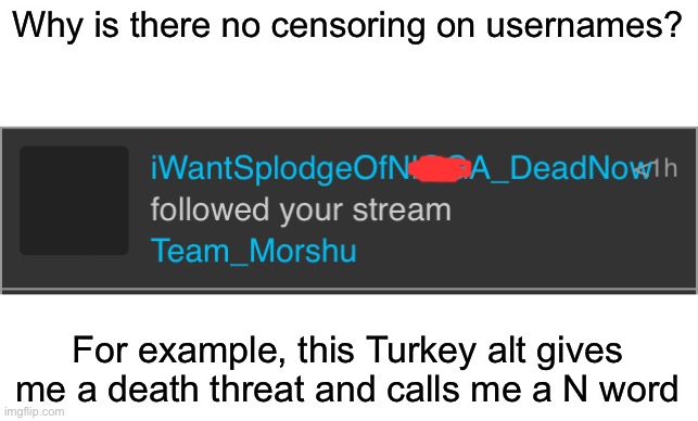 We really need censoring on usernames | Why is there no censoring on usernames? For example, this Turkey alt gives me a death threat and calls me a N word | made w/ Imgflip meme maker