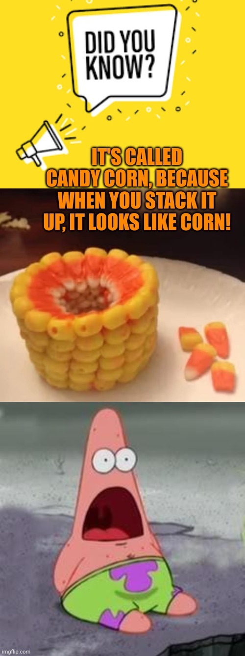 Corny | image tagged in suprised patrick,candy corn,totally looks like,corn,halloween is coming | made w/ Imgflip meme maker