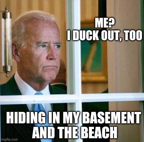 ME?
I DUCK OUT, TOO HIDING IN MY BASEMENT
 AND THE BEACH | image tagged in sad joe biden | made w/ Imgflip meme maker