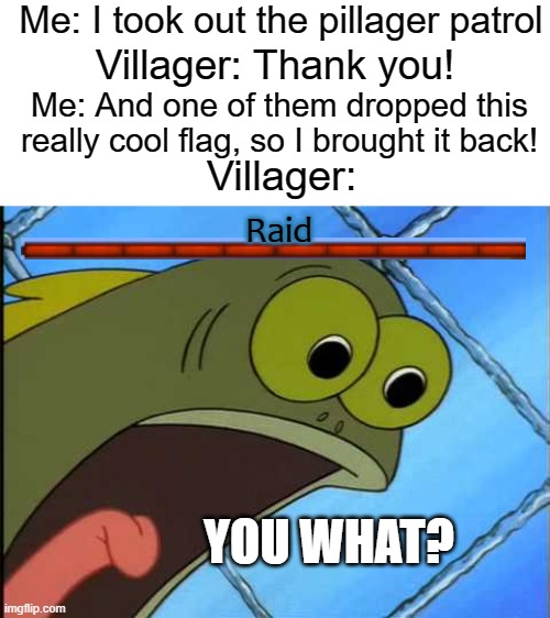Meme | Me: I took out the pillager patrol; Villager: Thank you! Me: And one of them dropped this really cool flag, so I brought it back! Villager:; Raid; YOU WHAT? | image tagged in you what,minecraft,minecraft villagers,minecraft memes | made w/ Imgflip meme maker