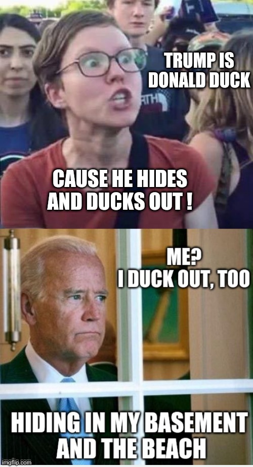 Duck Duck Joe | TRUMP IS DONALD DUCK; CAUSE HE HIDES AND DUCKS OUT ! | image tagged in angry liberal,liberals,leftists,democrats,christie,duck | made w/ Imgflip meme maker