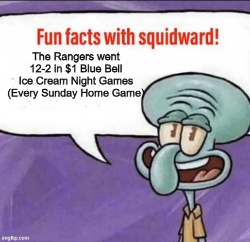 Sunday Home Games bring a lot of luck for the Rangers | The Rangers went 12-2 in $1 Blue Bell Ice Cream Night Games (Every Sunday Home Game) | image tagged in fun facts with squidward,texas rangers,mlb baseball | made w/ Imgflip meme maker
